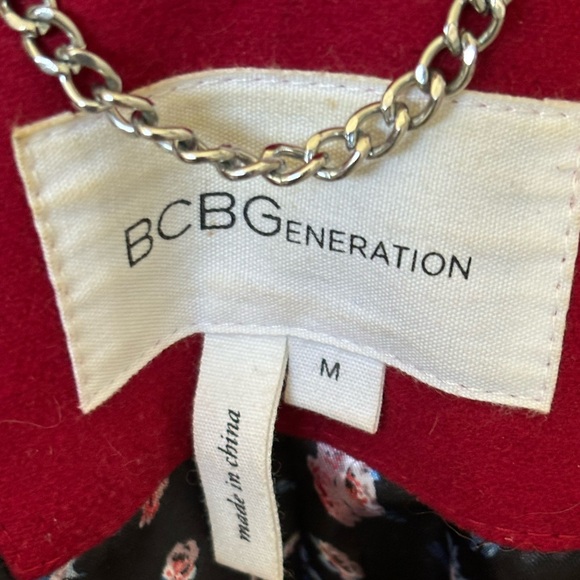 Cherry Red BCBG hooded and belted winter peacoat with silver brand hardware. - Picture 6 of 9